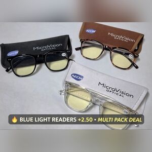 Blue Light Blocking Reading Glasses +2.50 | MicroVision Optical 3-Pack w/ Cases
